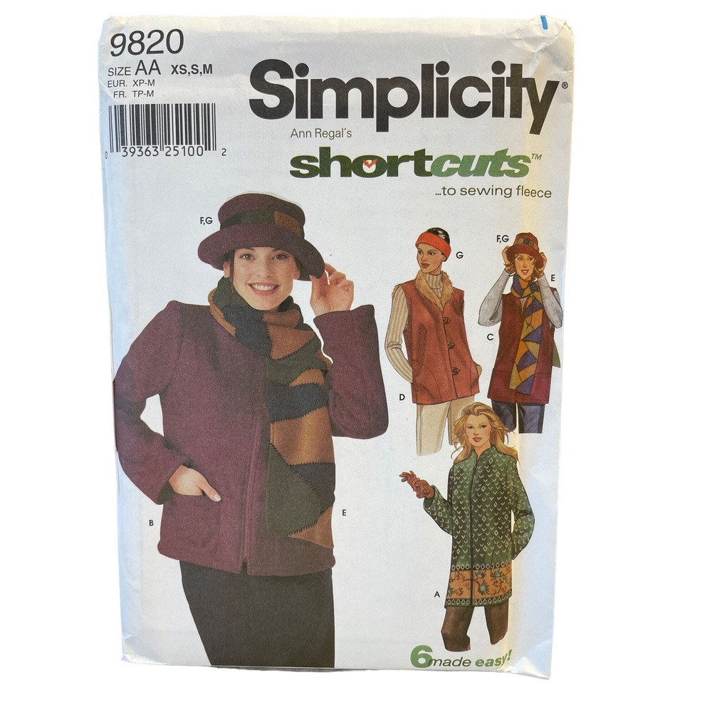 Simplicity Sewing Pattern 9820 Coat Jacket Vest Scarf Hat Headband Misses XS-M